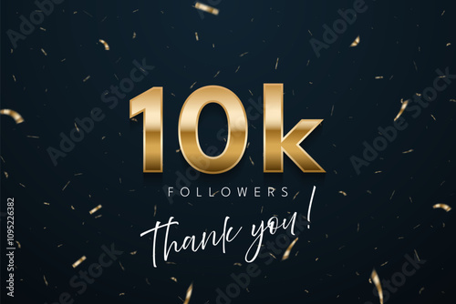 10k followers celebration banner. 3d social media achievement poster. Ten thousand followers thank you lettering with golden sparkling confetti ribbons on dark blue background. Vector illustration.