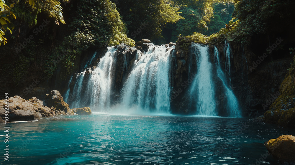 A serene waterfall cascading into a turquoise pool surrounded by lush greenery. A serene waterfall cascading into a turquoise pool surrounded by lush greenery.