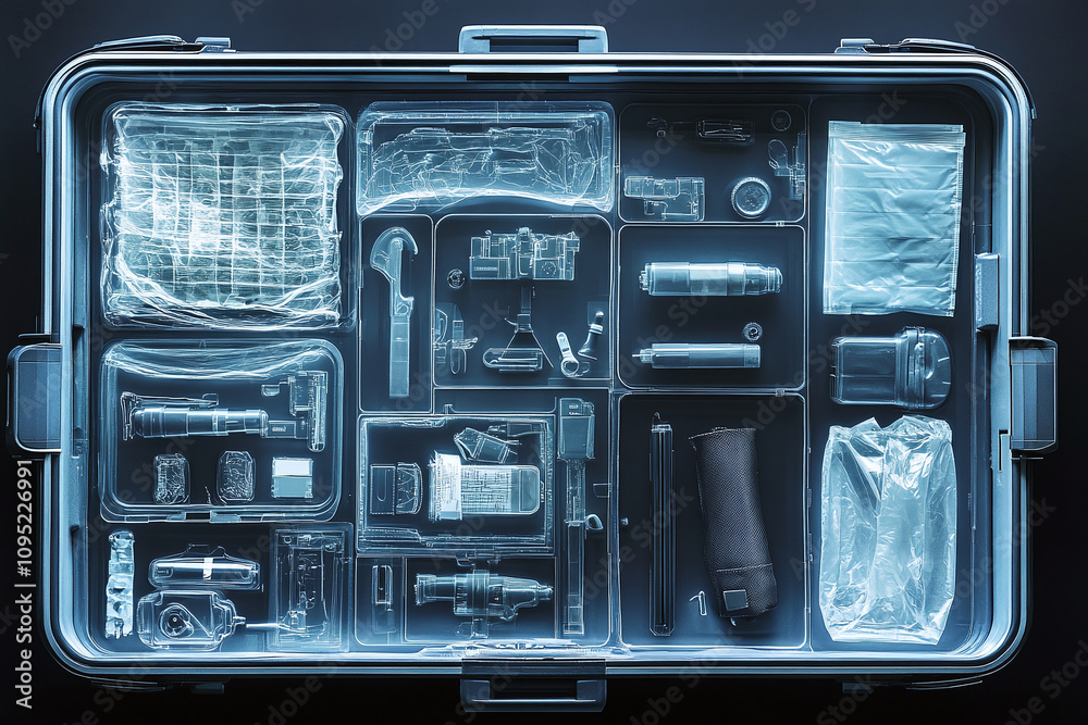 Security screening x-ray image showing prohibited items in carry-on bag.