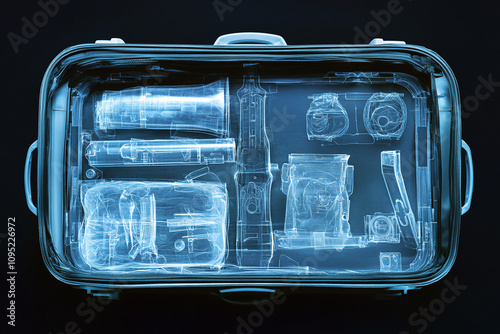 Security screening x-ray image showing prohibited items in carry-on bag.