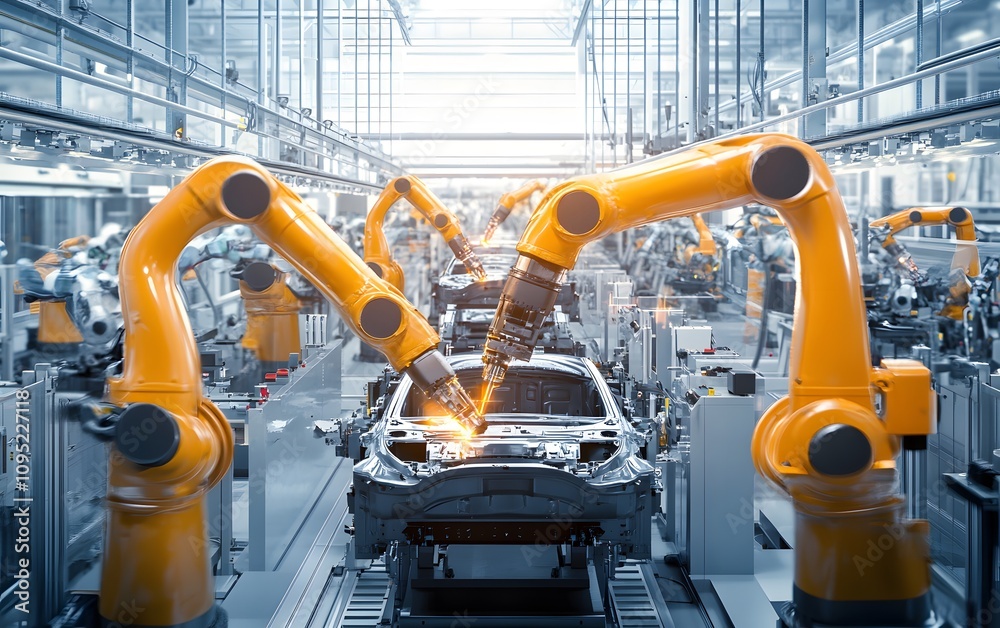 Robotic arms assembling a car in a modern factory setting. Robotic arms assembling a car in a modern factory setting.