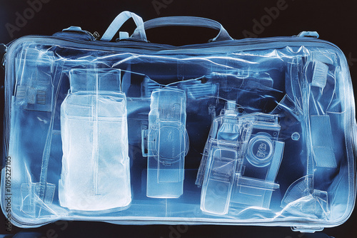 Security screening x-ray image showing prohibited items in carry-on bag.