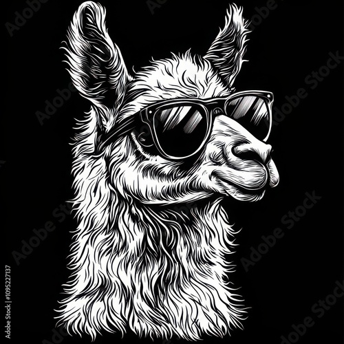 A stylish alpaca character in sunglasses, drawn in black and white with a woodcut aesthetic, featuring minimal clothing photo