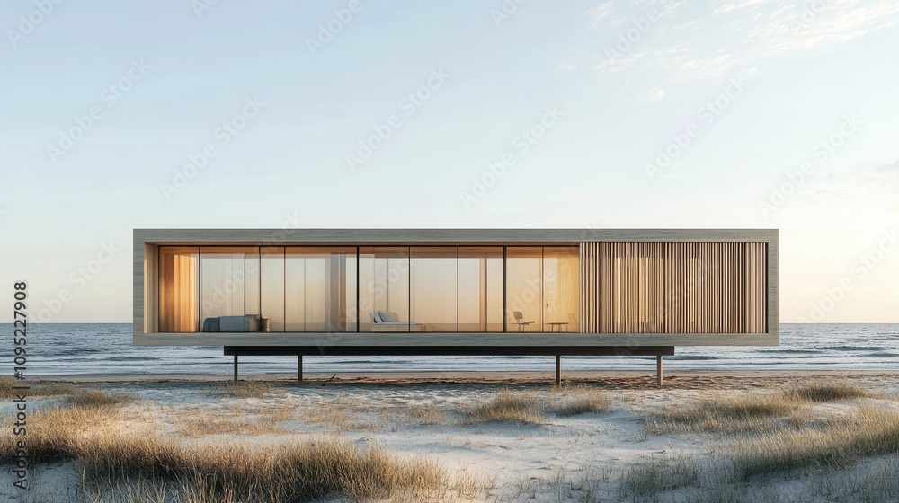 Modern beach house featuring large glass windows and wooden elements, blending with nature. Modern beach house featuring large glass windows and wooden elements, blending with nature.