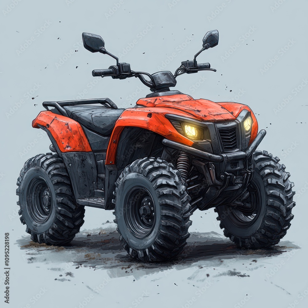 A vibrant red all-terrain vehicle (ATV) designed for off-road adventures. A vibrant red all-terrain vehicle (ATV) designed for off-road adventures.