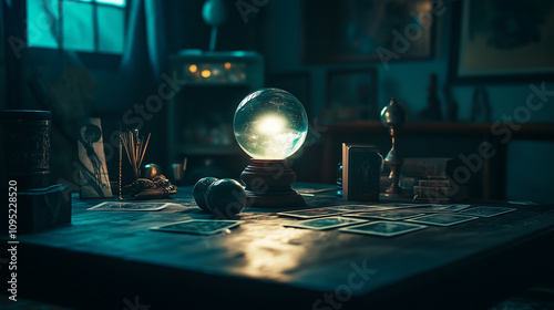 A dark room lit by a crystal ball and surrounded by tarot cards and divination tools photo