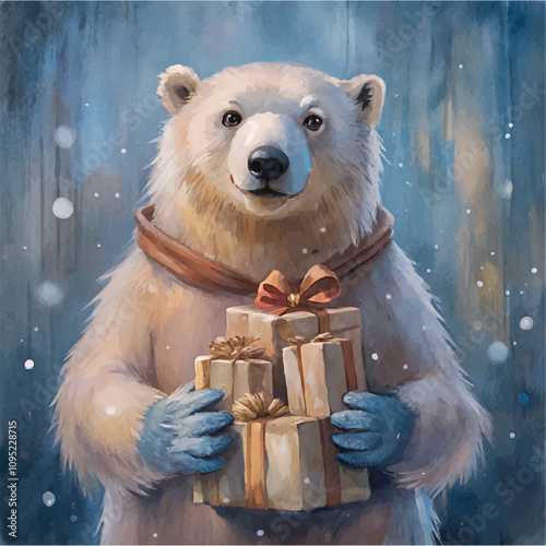 Polar bear with holiday presents in a snowy seasonal backdrop