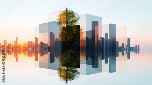 A holographic virtual tour of a city skyline designed with sustainable buildings and green spaces. photo