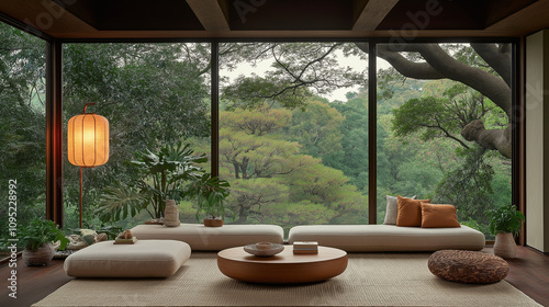 Serene Minimalist Living Room with Panoramic Forest View 