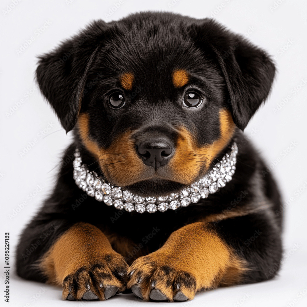 Fototapeta premium rottweiler puppy with a diamante necklace isolated on white