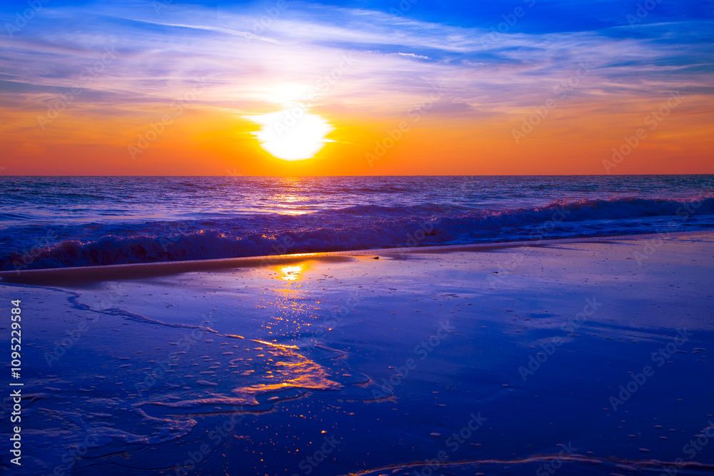 Fototapeta premium summer sunset view on the sea, spectacular nature scenery in the Greece, Europe, Corfu island
