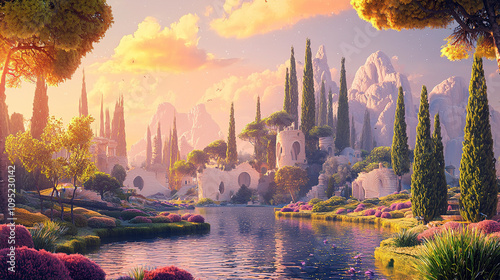 the cuntry, generative ai, landscape, architecture, curtoone, chasny house, background, art nouveau, city, skyline, skyscraper, building, water, lake, nature, autumn, river, sky, tree, reflection,