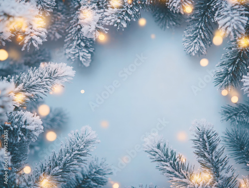 Christmas tree branches with lights, covered with snow. New Year holiday blurred background.