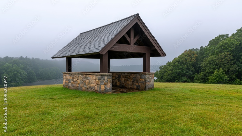 Serene Stone Gazebo Overlooking Misty Lake Green Field Serene Stone Gazebo Overlooking Misty Lake Green Field