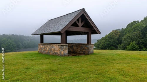 Serene Stone Gazebo Overlooking Misty Lake Green Field