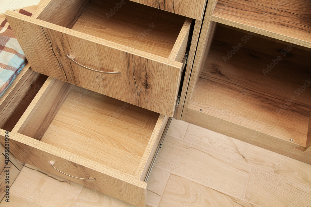 Empty Open wooden dresser drawer for clothes. Mockup. Home vertical storage. Wardrobe organisation. Trendy colors. Top view Empty Open wooden dresser drawer for clothes. Mockup. Home vertical storage. Wardrobe organisation. Trendy colors. Top view