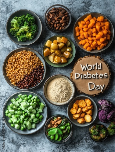 Wallpaper Mural A Balanced Plate with Vegetables, Proteins, and Brown Flour-Based Carbs, Spelled Out 'World Diabetes Day' in Brown Flour, Emphasizing Healthy Eating Choices for Diabetes Management Torontodigital.ca