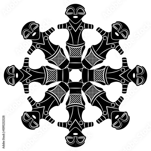 Round geometrical star shape design with female figurines. Neolithic goddess. Vinča culture from Serbia. Black and white silhouette.