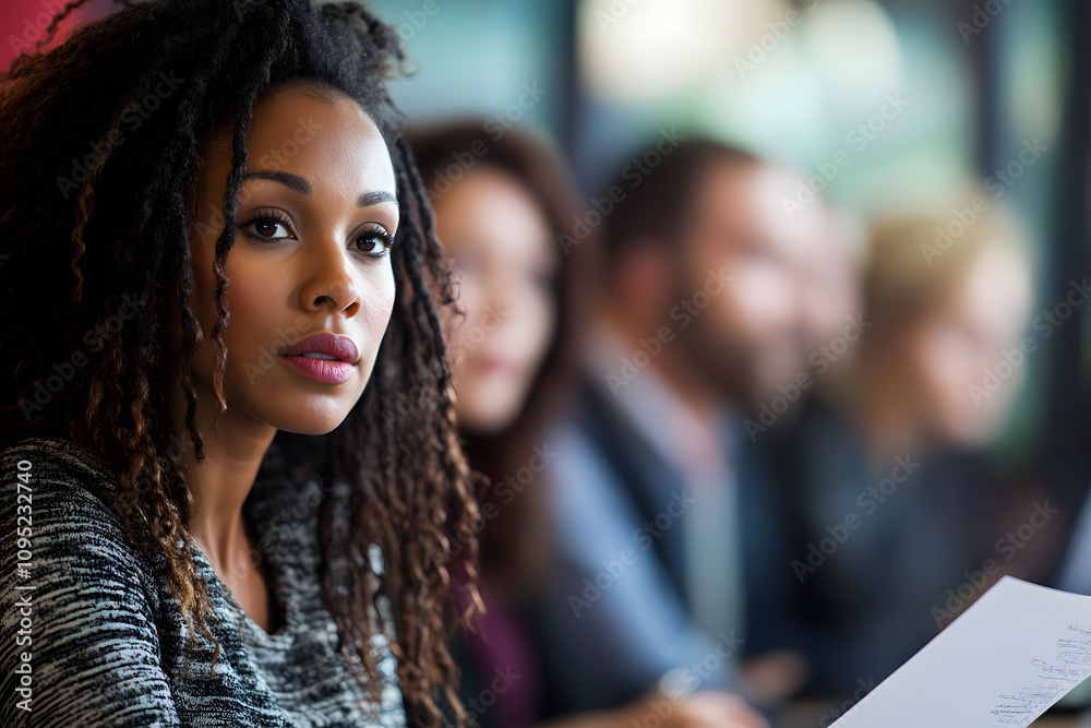 Confident woman in professional meeting, focused on corporate discussion. Confident woman in professional meeting, focused on corporate discussion.