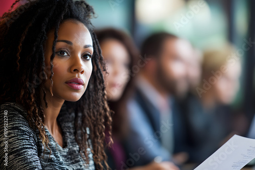 Confident woman in professional meeting, focused on corporate discussion.
