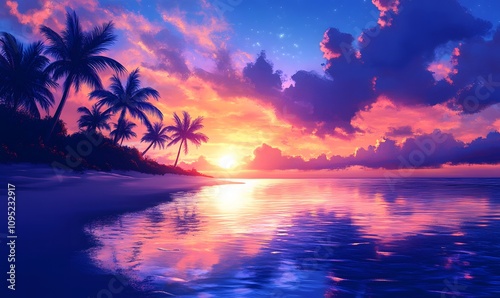 Luminous Blue Palms, Illustrate palm trees with a soft blue luminescence under a colorful sunset sky