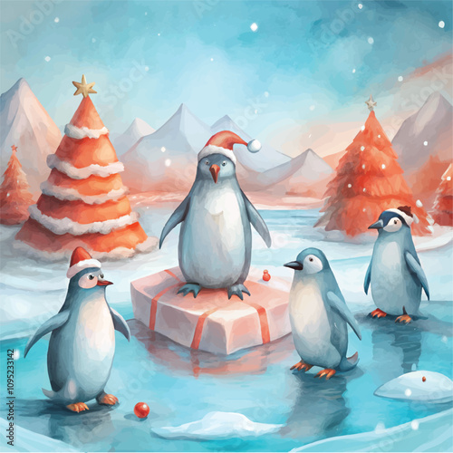 Charming penguins against a snowy backdrop in a festive winter landscape