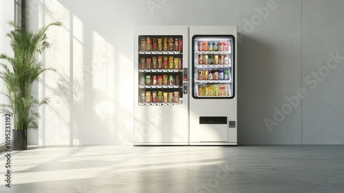 Blank white vending machine mockup illustration with snacks and drinks, isolated on white background