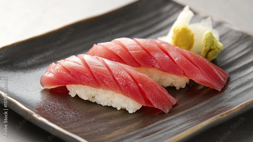 Traditional sushi with sliced fish and delicate rice arrangement. Traditional sushi with sliced fish and delicate rice arrangement.