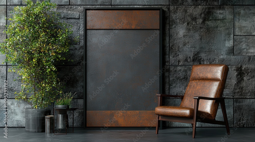 Fototapeta premium Modern Minimalist Interior Rustic Leather Chair Blank Canvas Plant