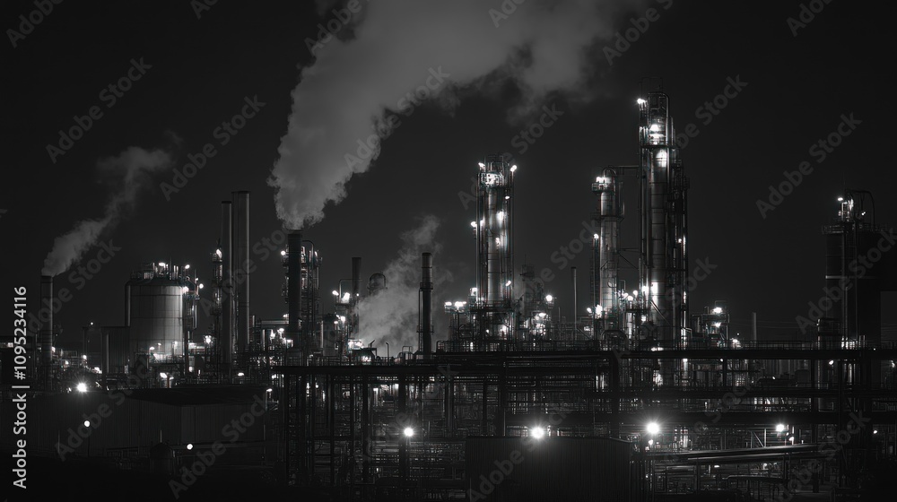 Obraz premium Black and white view of Oil Refinery at Night