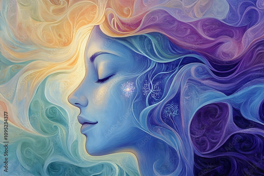 Abstract art portrayal of mental health and mind wellness featuring a serene woman’s face Abstract art portrayal of mental health and mind wellness featuring a serene woman’s face