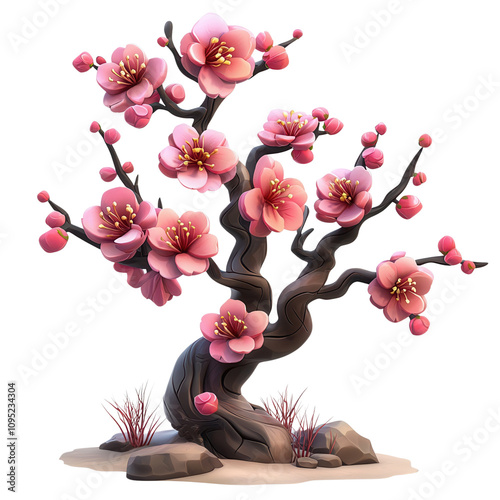 A beautifully detailed illustration of a cherry blossom tree in full bloom, showcasing vibrant pink flowers.