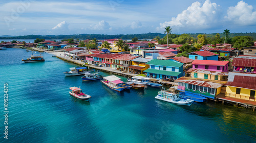 colorful waterfront buildings and boats on bastimentos island, bocas del toro, aerial view highlighted by white, text area, png photo