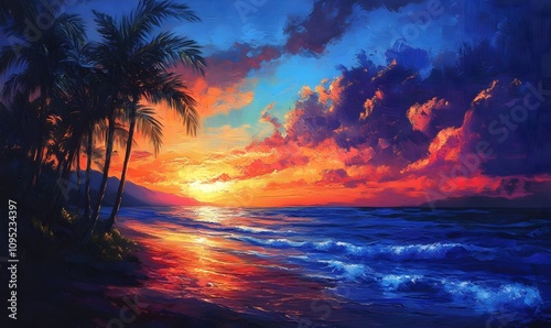 Luminous Blue Palms, Illustrate palm trees with a soft blue luminescence under a colorful sunset sky