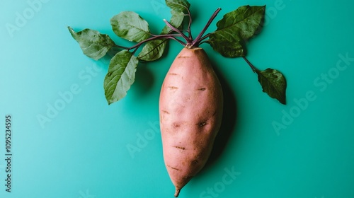 A single sweet potato with its vine and leaves, isolated on a vibrant green background photo