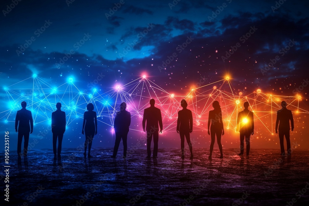 Fototapeta premium Silhouettes of Diverse People Connected by Glowing Lines Representing Teamwork, Communication, and Networking in a Modern Digital Landscape