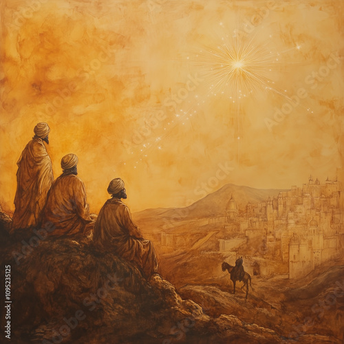 The wise men saw a falling star. In ochre tones