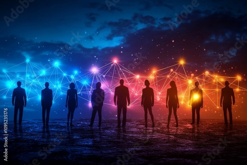 Silhouettes of Diverse People Connected by Glowing Lines Representing Teamwork, Communication, and Networking in a Modern Digital Landscape