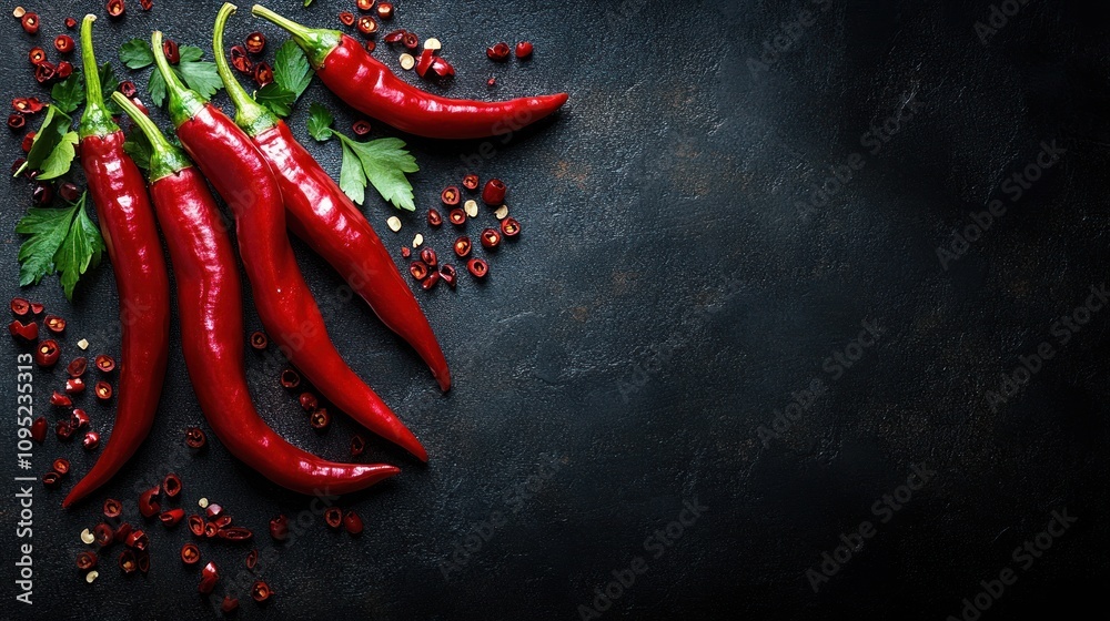 Red chili peppers and parsley on dark background. Red chili peppers and parsley on dark background.