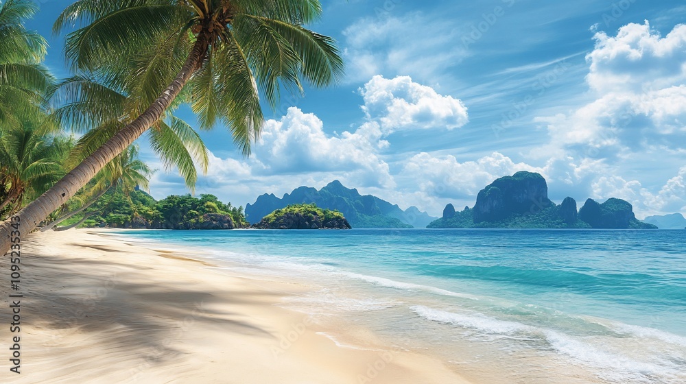 Idyllic tropical beach with white sand, clear blue water, palm trees and lush green mountains in the background.