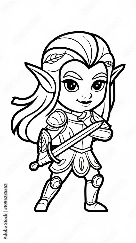 Black and White Vector Illustration of a Cute Elf Warrior Generative aI Black and White Vector Illustration of a Cute Elf Warrior Generative aI