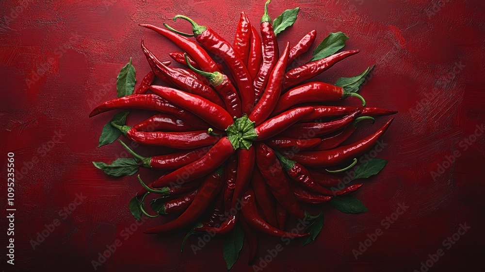 Red chili peppers arranged in a circle on a red background. Red chili peppers arranged in a circle on a red background.
