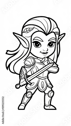 Black and White Vector Illustration of a Cute Elf Warrior Generative aI