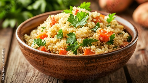 Sweet potato and quinoa salad in a rustic ceramic bowl, accented with fresh parsley