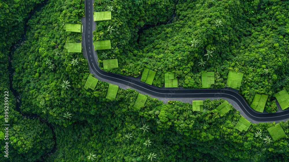 Aerial View Winding Road Lush Green Forest Eco Friendly Homes Aerial View Winding Road Lush Green Forest Eco Friendly Homes