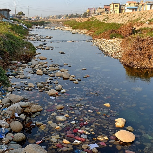 A polluted river filled with trash and debris, showcasing the impact of pollution on natural water bodies. photo