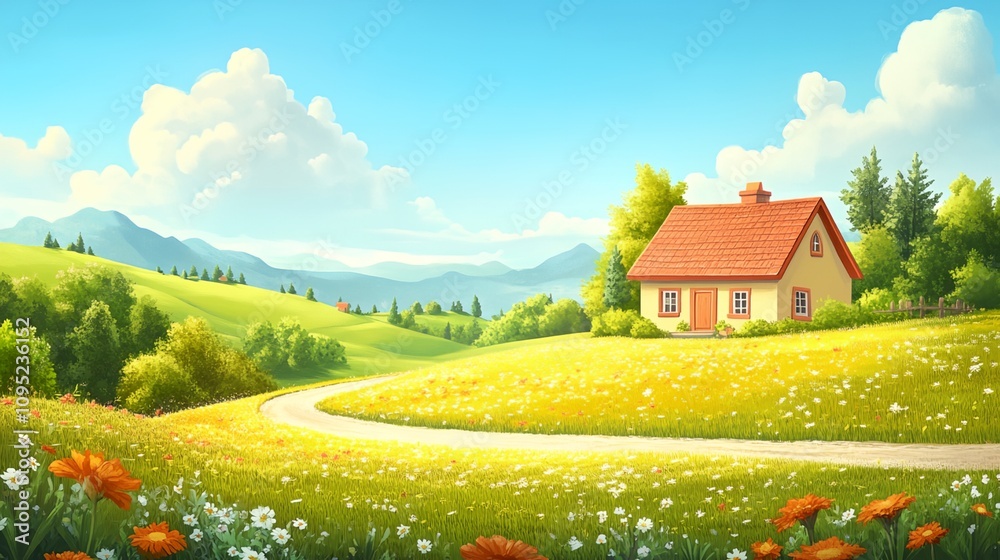A house sits in a field with a road leading to it A house sits in a field with a road leading to it