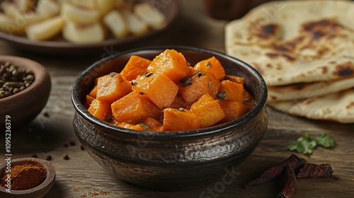 Sweet potato curry served in a rustic bowl, surrounded by naan bread and spices photo