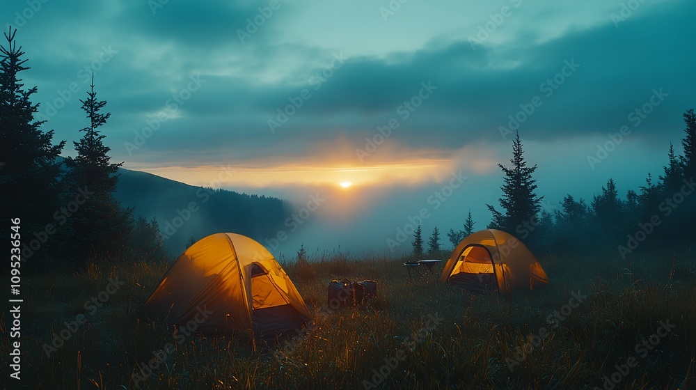 Two orange tents sit in a field, with a beautiful sunset in the background. The scene is peaceful and serene Two orange tents sit in a field, with a beautiful sunset in the background. The scene is peaceful and serene