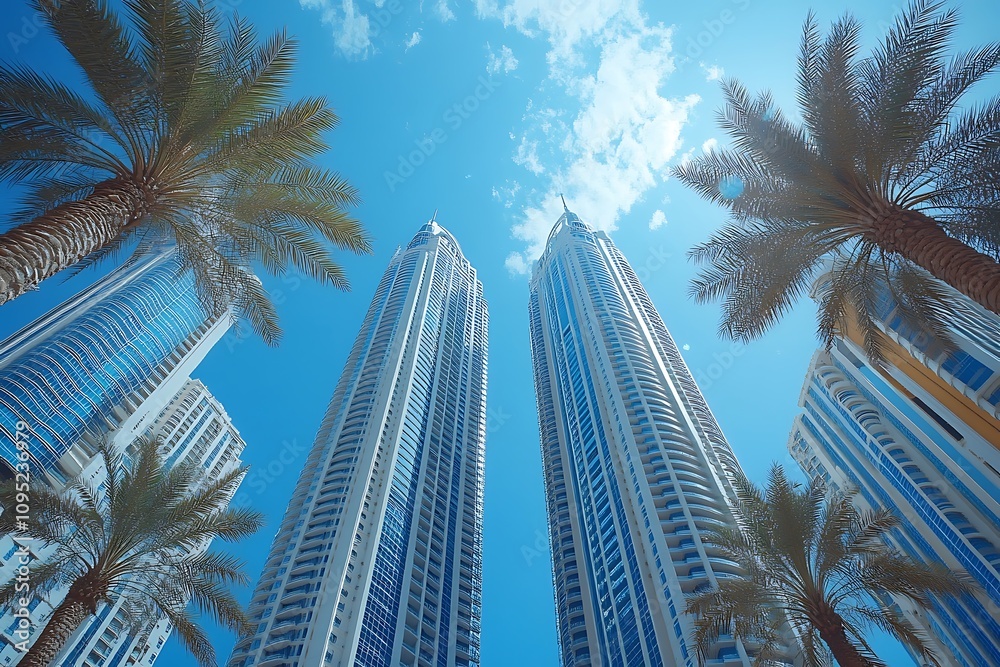 Naklejka premium UAE Skyscrapers Sunlit City Street & Clear Sky